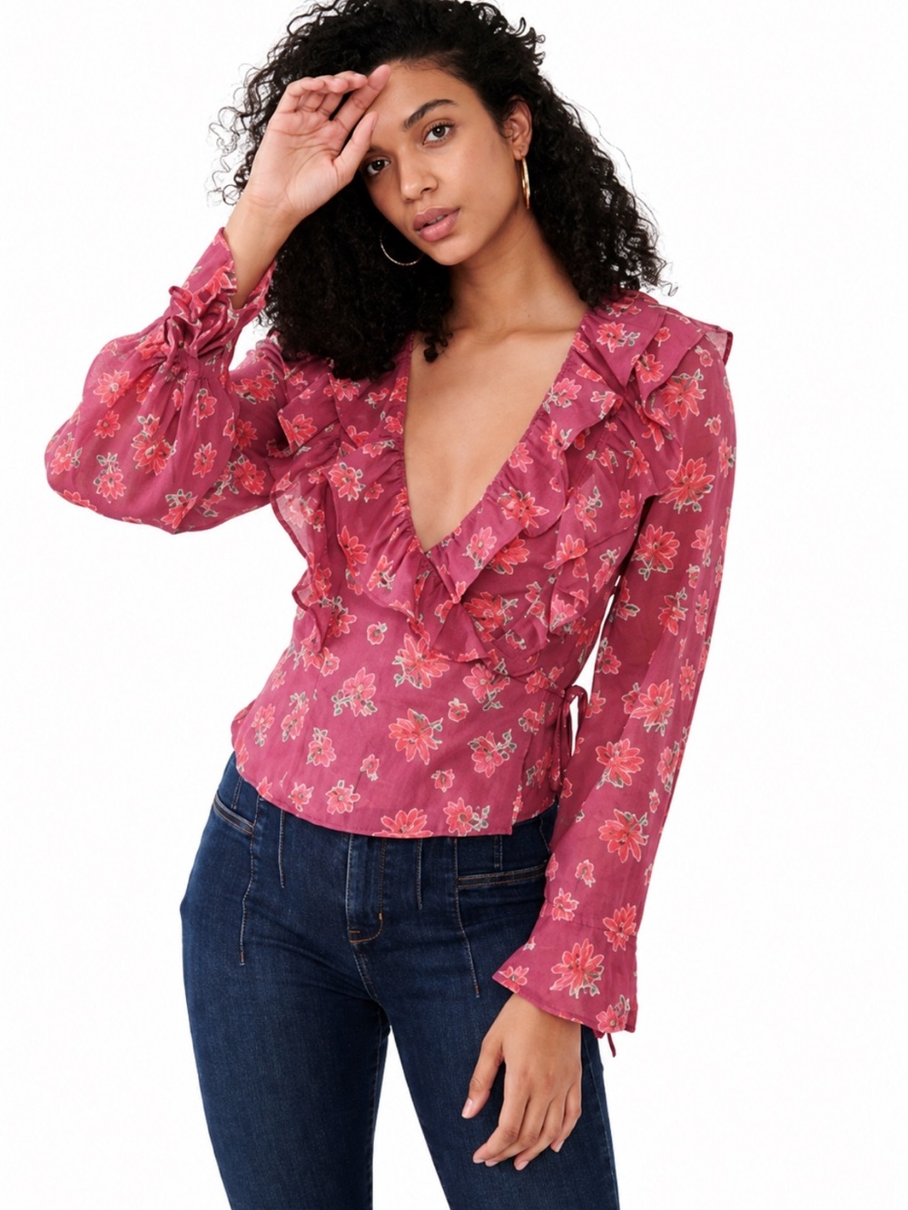 NWT Free People Sultry Combo Floral Ruffle Wrap Blouse Wine/Red Medium
